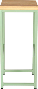 Mint green metal stool with natural stain ash wood made in UK - side view square frame