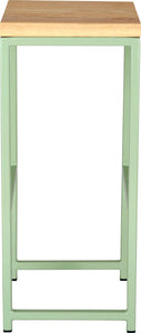 Mint green metal stool with natural stain ash wood made in UK - side view square frame