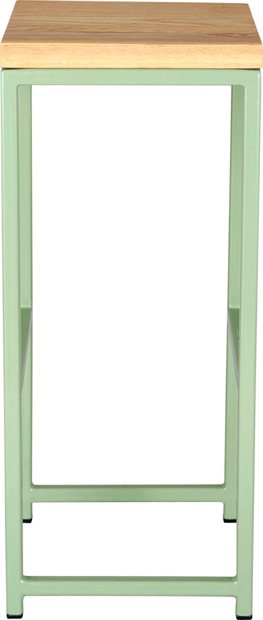 Mint green metal stool with natural stain ash wood made in UK - side view square frame