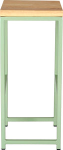 Mint green metal stool with natural stain ash wood made in UK - side view square frame