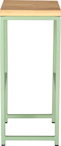 Mint green metal stool with natural stain ash wood made in UK - side view square frame