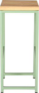 Mint green metal stool with natural stain ash wood made in UK - side view square frame