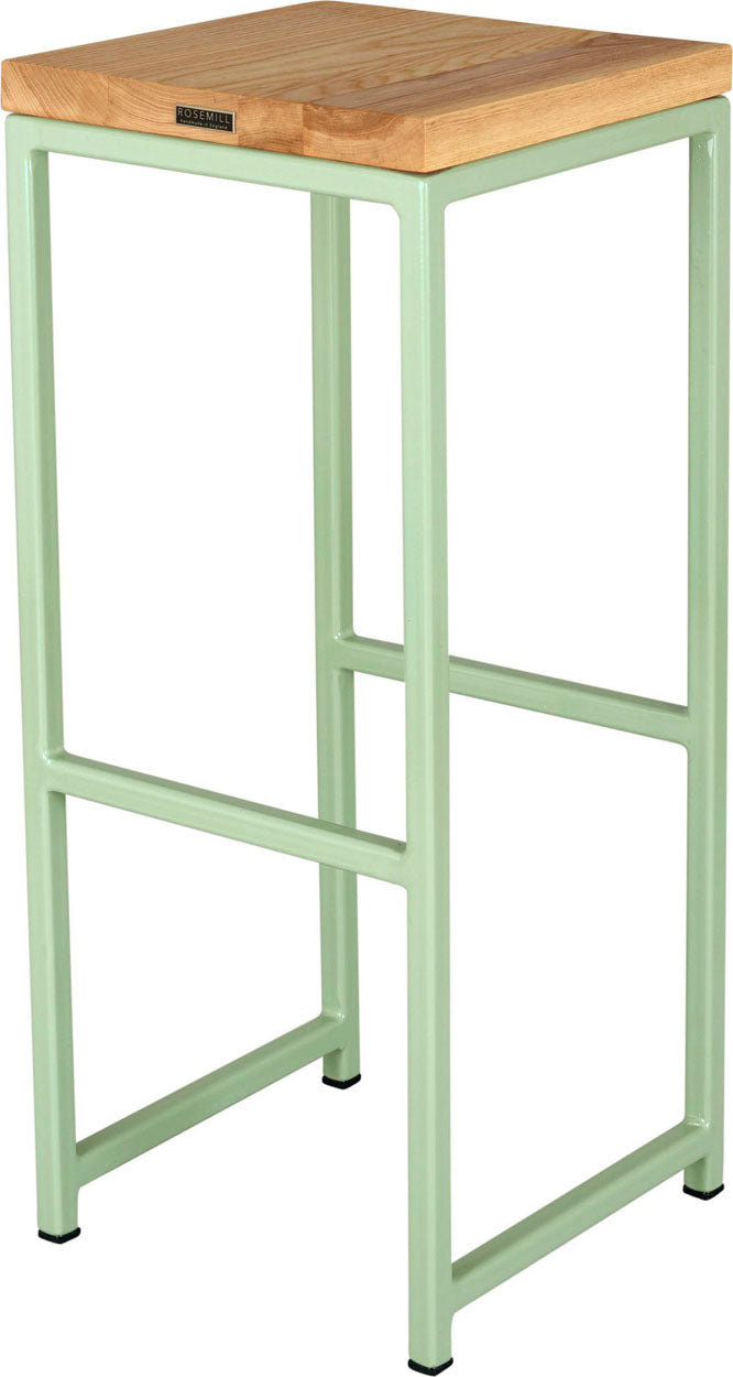 Mint green metal stool with natural stain ash wood made in UK - back side view square frame