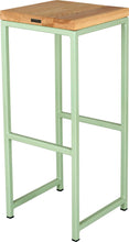 Load image into Gallery viewer, Mint green metal stool with natural stain ash wood made in UK - back side view square frame
