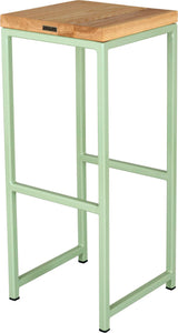 Mint green metal stool with natural stain ash wood made in UK - back side view square frame