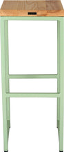 Load image into Gallery viewer, Mint green metal stool with natural stain ash wood made in UK - back view square frame
