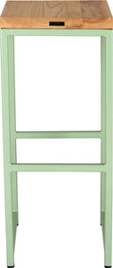 Mint green metal stool with natural stain ash wood made in UK - back view square frame