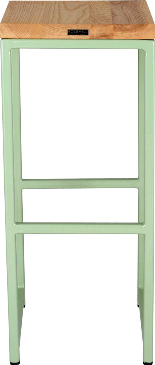 Mint green metal stool with natural stain ash wood made in UK - back view square frame