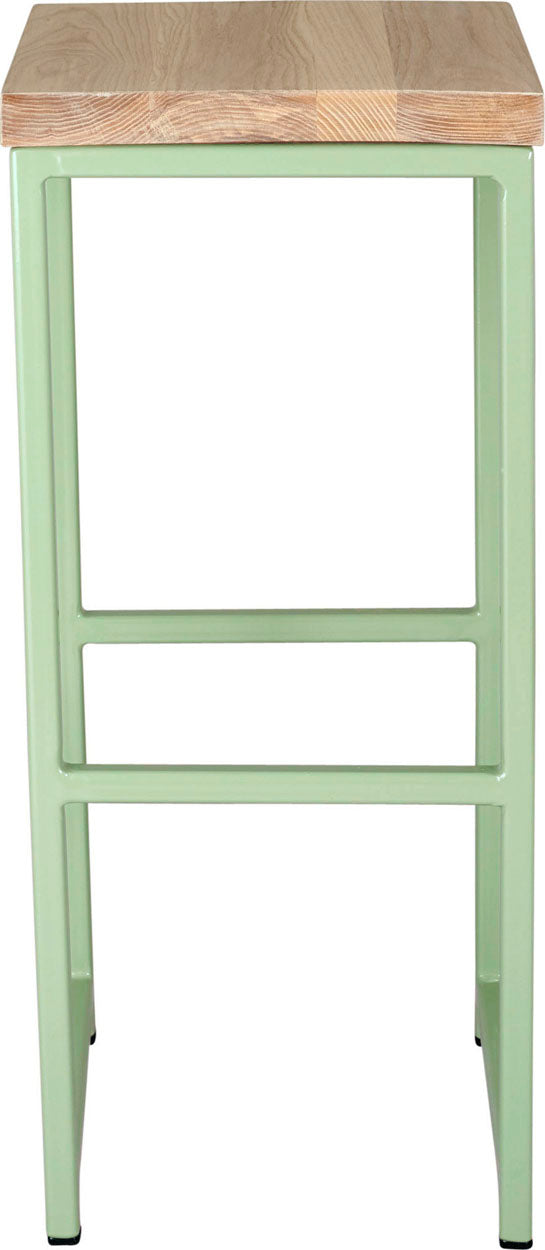 Mint green metal stool with whitewash stain ash wood made in UK - front view square frame