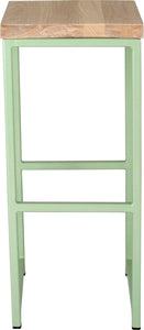 Mint green metal stool with whitewash stain ash wood made in UK - front view square frame