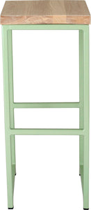 Mint green metal stool with whitewash stain ash wood made in UK - front view square frame