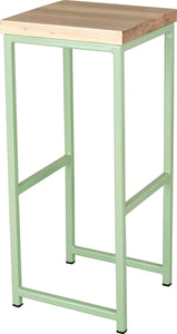 Mint green metal stool with whitewash stain ash wood made in UK - angle view square frame