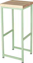 Load image into Gallery viewer, Mint green metal stool with whitewash stain ash wood made in UK - angle view square frame
