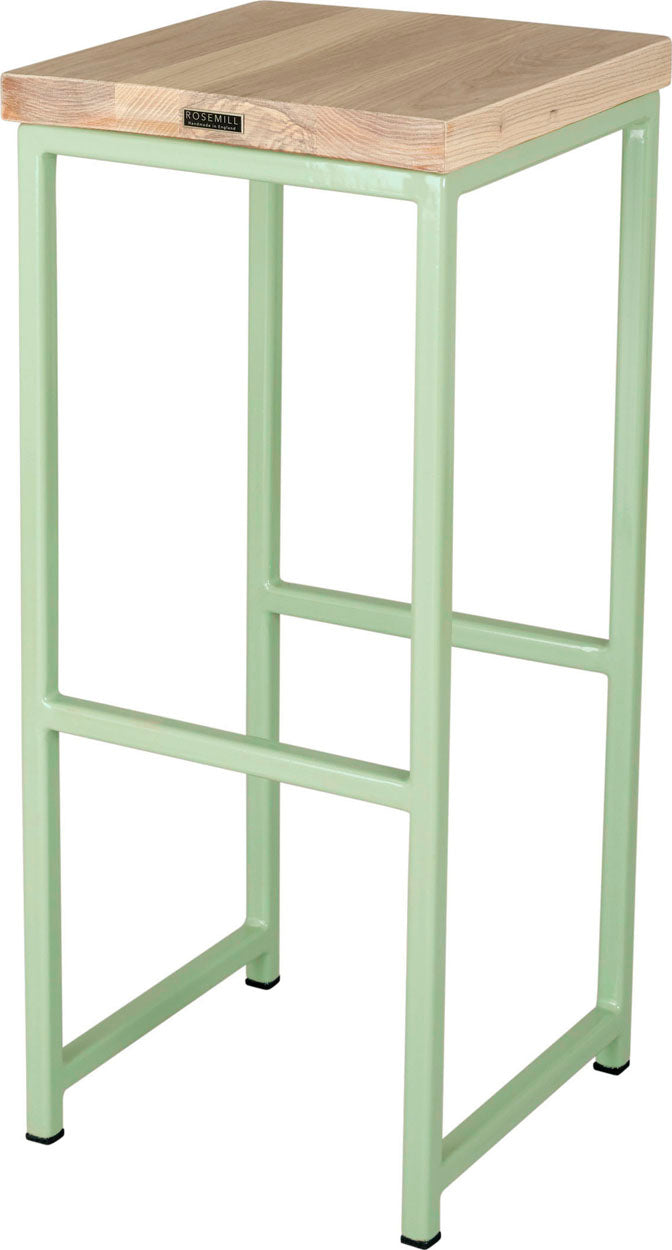 Mint green metal stool with whitewash stain ash wood made in UK - back side view square frame