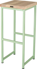 Load image into Gallery viewer, Mint green metal stool with whitewash stain ash wood made in UK - back side view square frame
