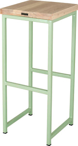Mint green metal stool with whitewash stain ash wood made in UK - back side view square frame