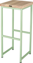 Load image into Gallery viewer, Mint green metal stool with whitewash stain ash wood made in UK - back side view square frame
