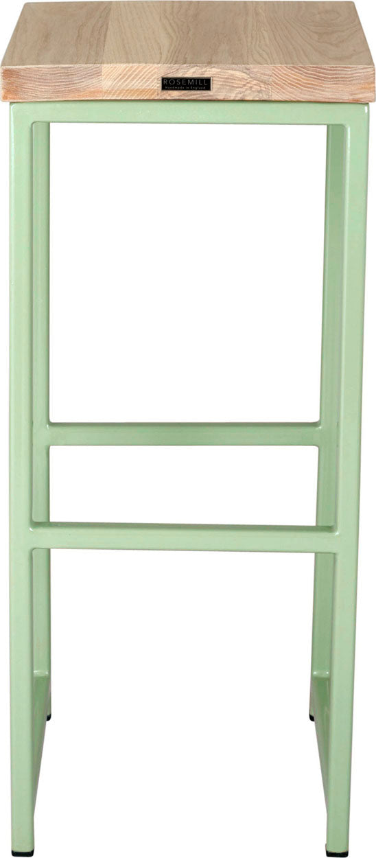 Mint green metal stool with whitewash stain ash wood made in UK - back view square frame