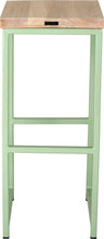 Load image into Gallery viewer, Mint green metal stool with whitewash stain ash wood made in UK - back view square frame
