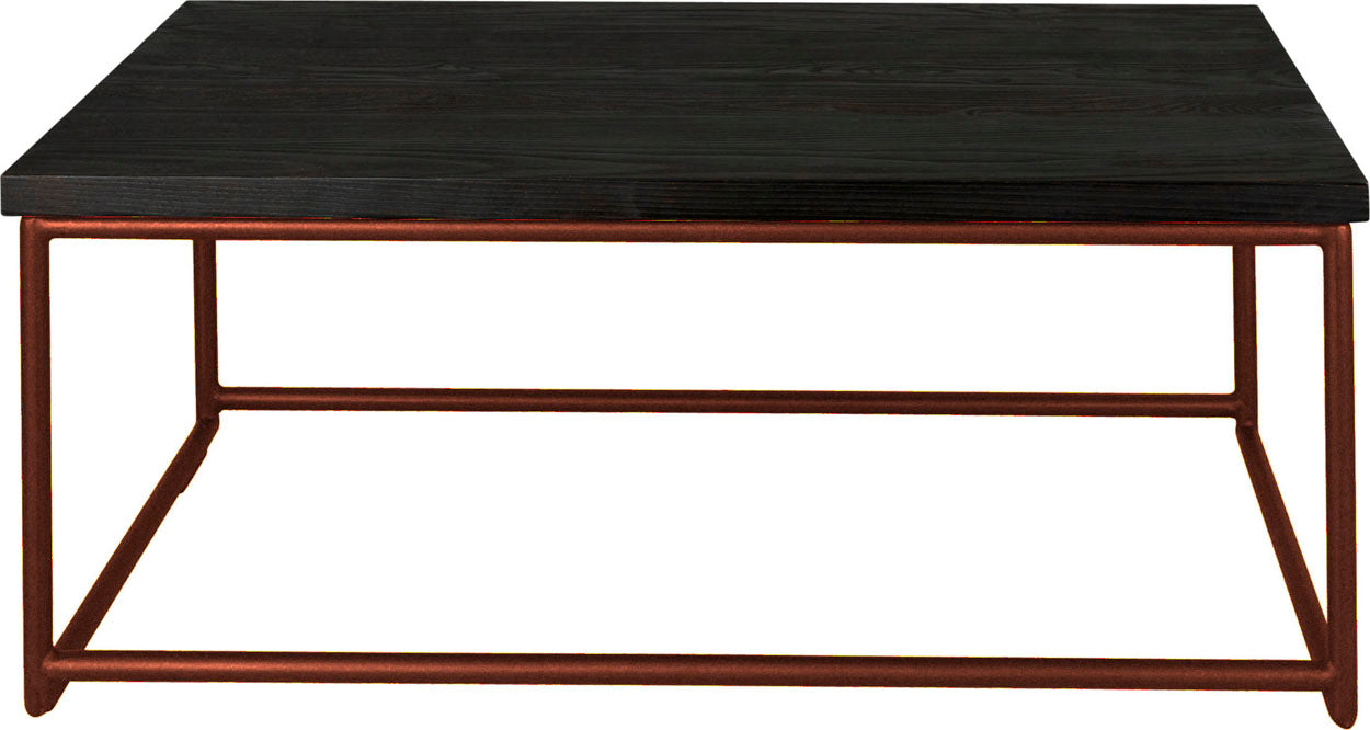 Copper metal table with black stain ash wood made in UK - front view round frame