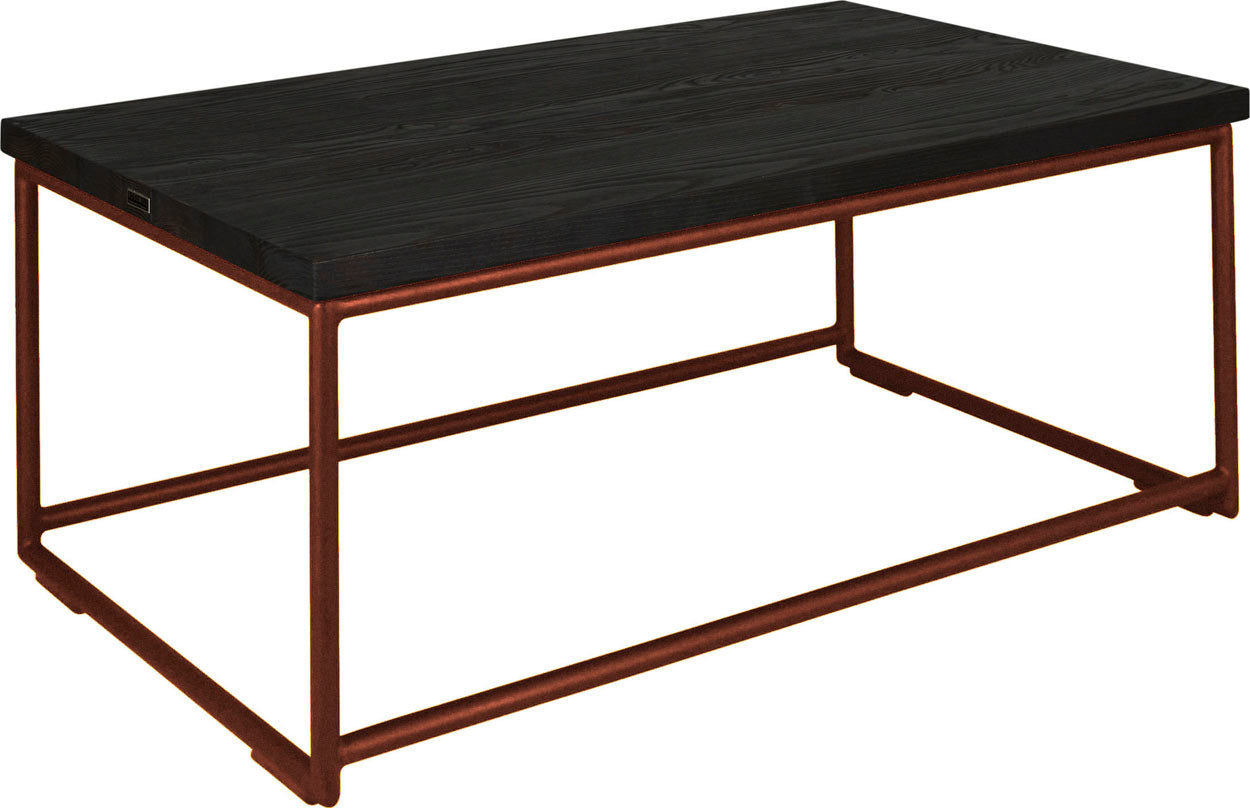 Copper metal table with black stain ash wood made in UK - angle view round frame