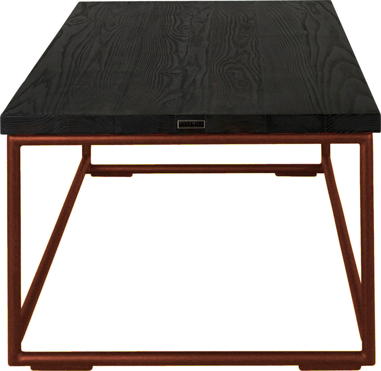 Copper metal table with black stain ash wood made in UK - side view round frame