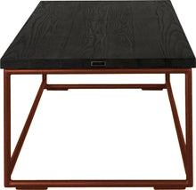 Load image into Gallery viewer, Copper metal table with black stain ash wood made in UK - side view round frame
