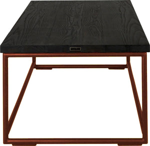 Copper metal table with black stain ash wood made in UK - side view round frame