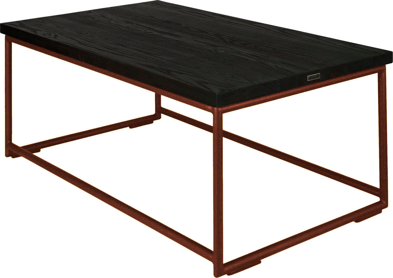 Copper metal table with black stain ash wood made in UK - back side view round frame