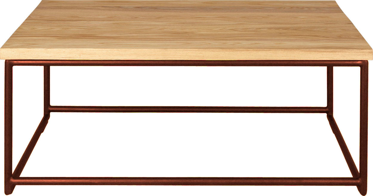 Copper metal table with natural stain ash wood made in UK - front view round frame