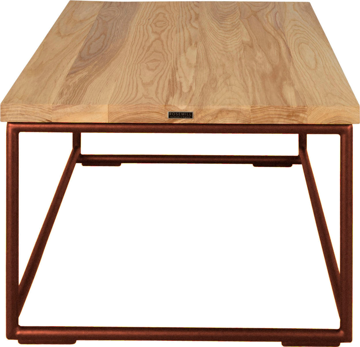 Copper metal table with natural stain ash wood made in UK - side view round frame