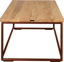 Load image into Gallery viewer, Copper metal table with natural stain ash wood made in UK - side view round frame
