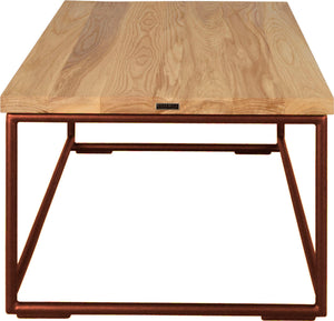 Copper metal table with natural stain ash wood made in UK - side view round frame