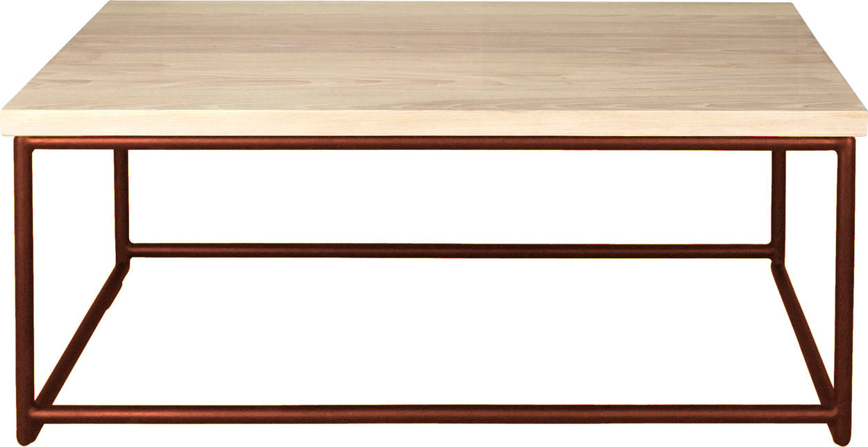Copper metal table with whitewash stain ash wood made in UK - front view round frame