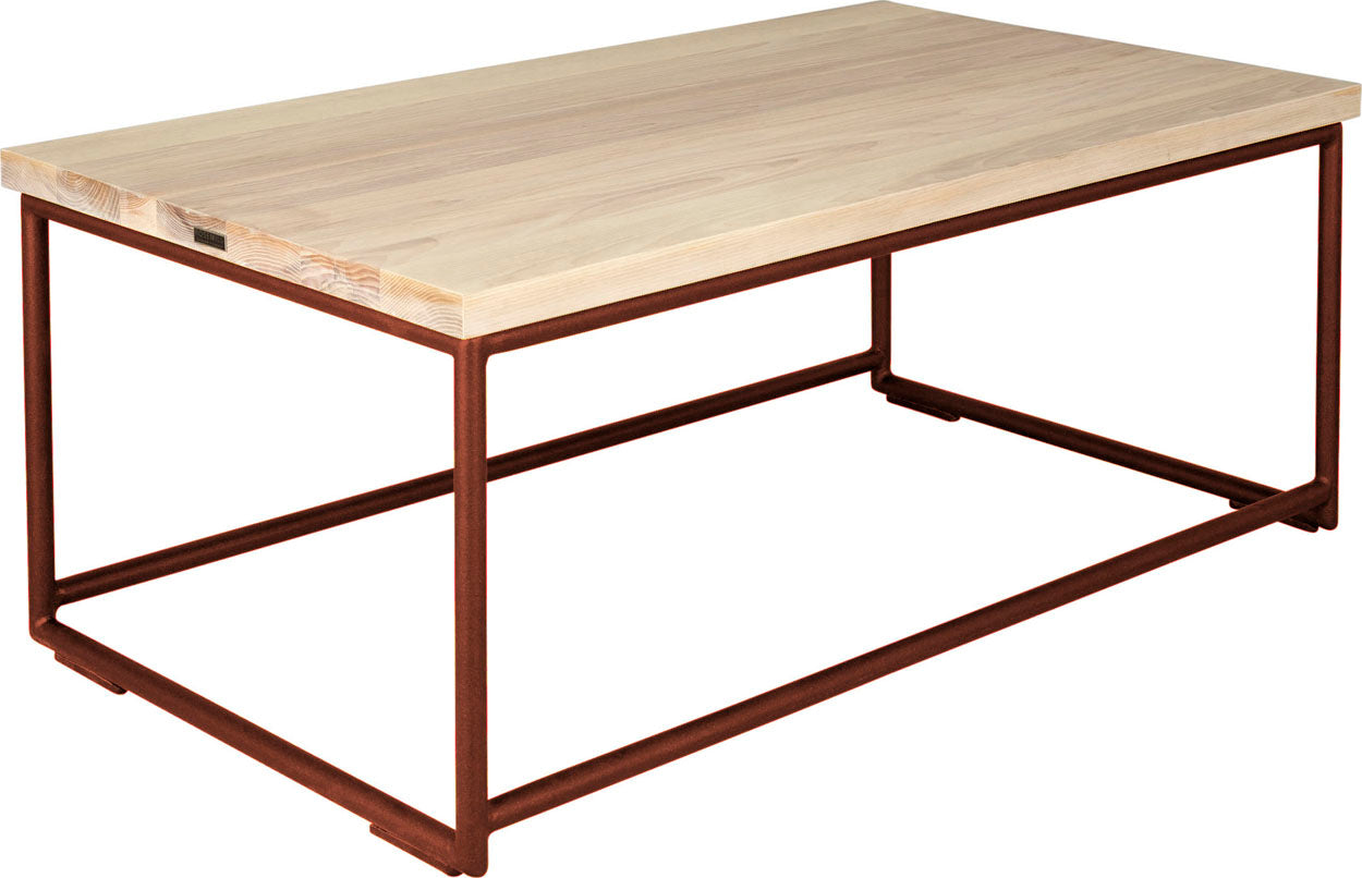 Copper metal table with whitewash stain ash wood made in UK - angle view round frame