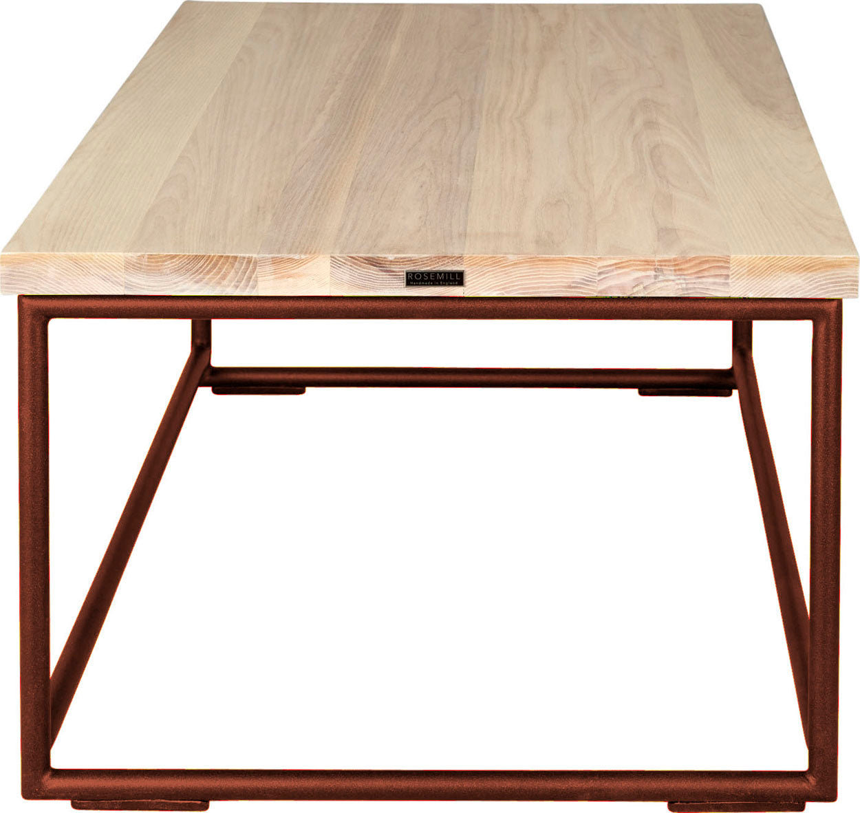 Copper metal table with whitewash stain ash wood made in UK - side view round frame