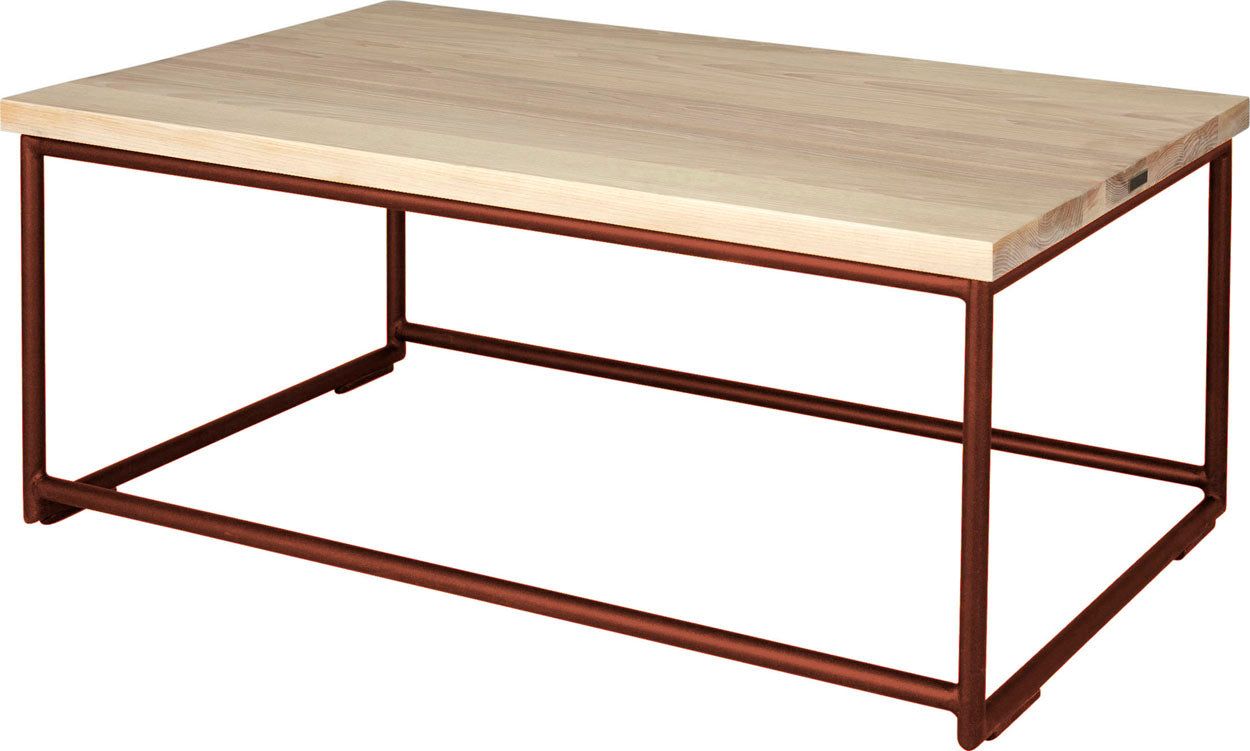 Copper metal table with whitewash stain ash wood made in UK - back side view round frame