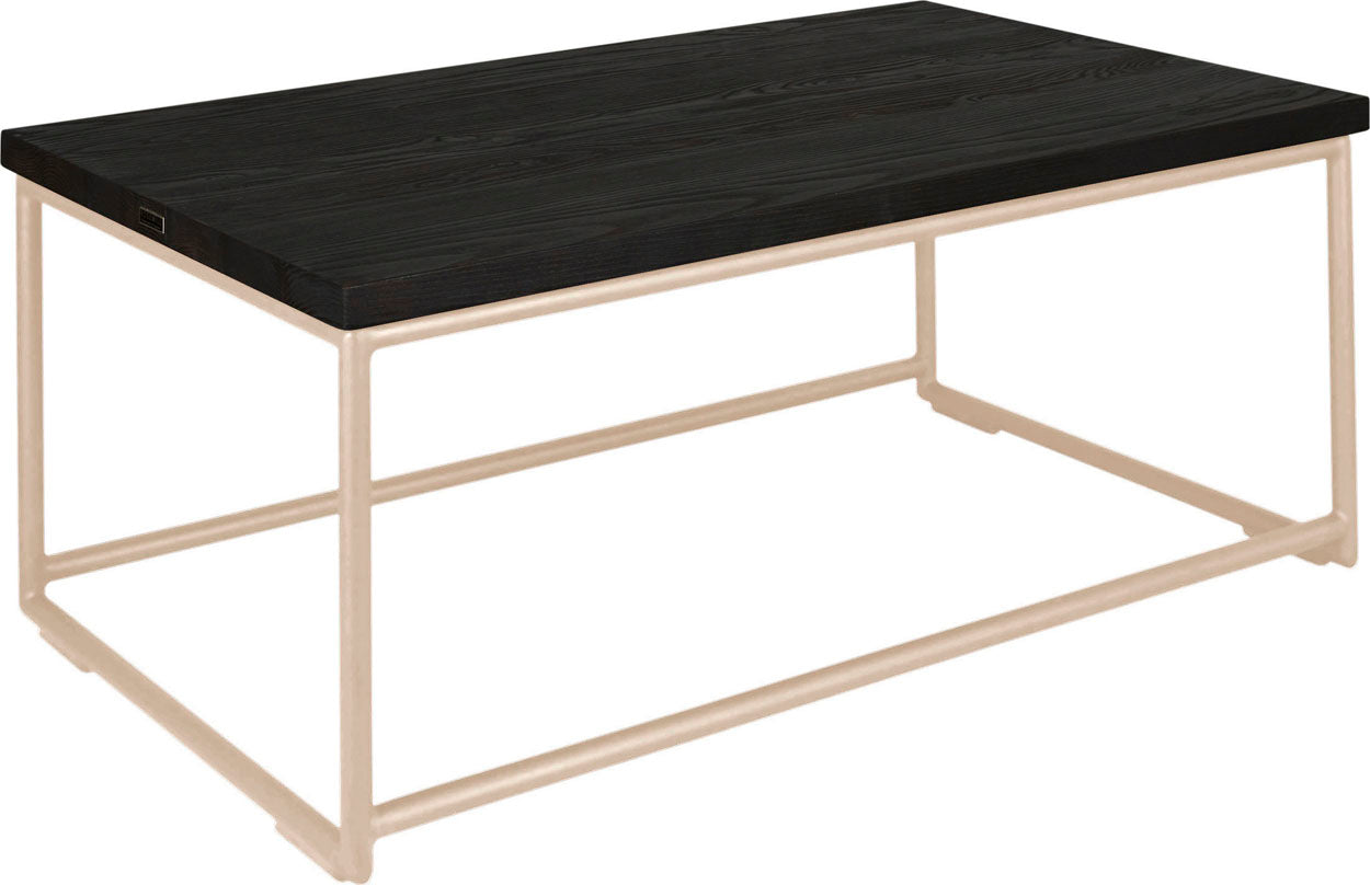 Off white metal table with black stain ash wood made in UK - angle view round frame