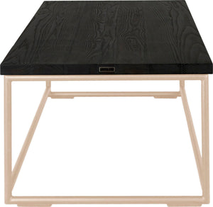 Off white metal table with black stain ash wood made in UK - side view round frame