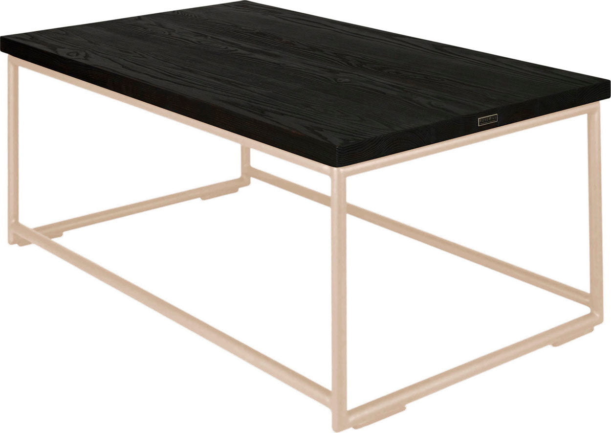 Off white metal table with black stain ash wood made in UK - back side view round frame