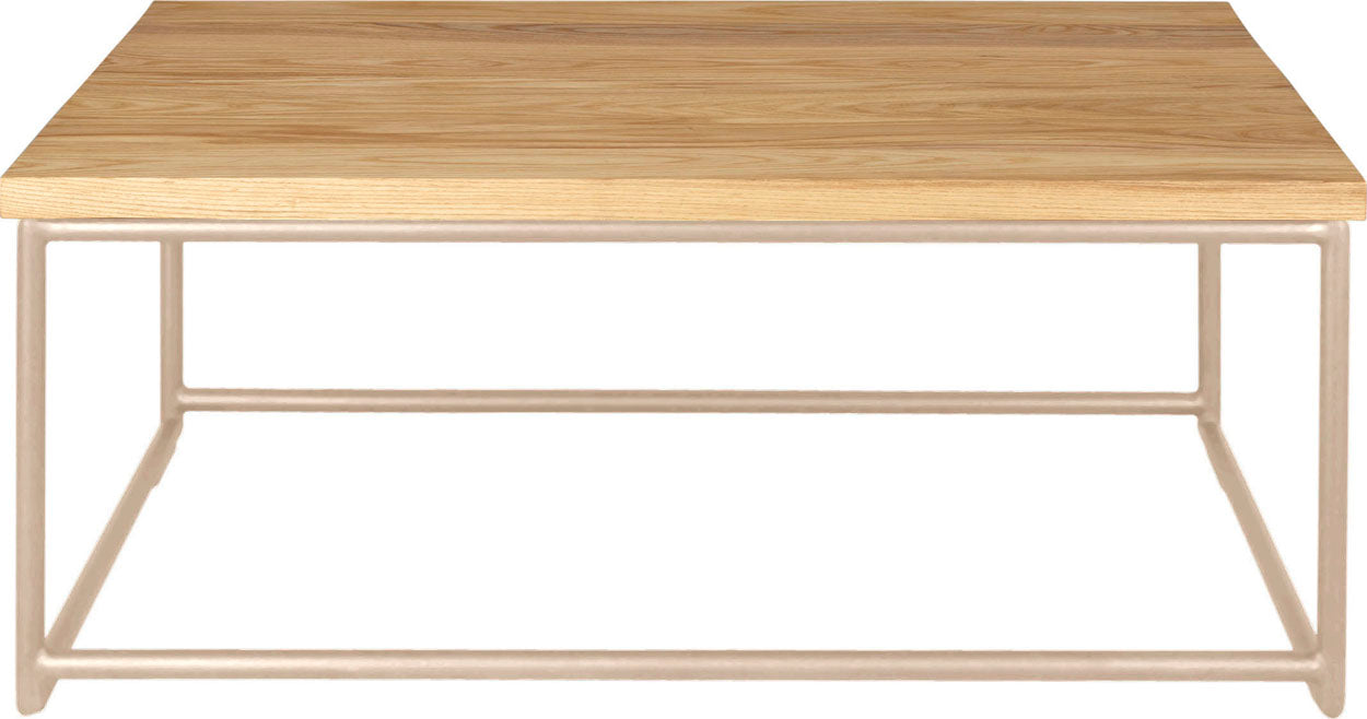 Off white metal table with natural stain ash wood made in UK - front view round frame