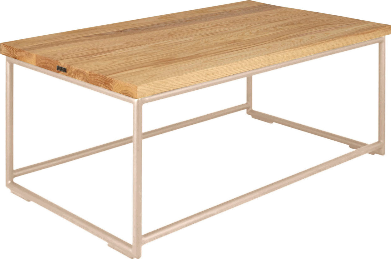 Off white metal table with natural stain ash wood made in UK - angle view round frame