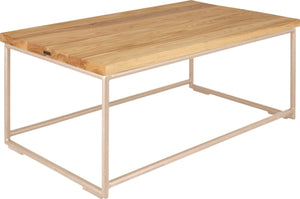 Off white metal table with natural stain ash wood made in UK - angle view round frame