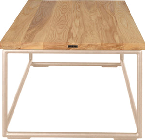 Off white metal table with natural stain ash wood made in UK - side view round frame