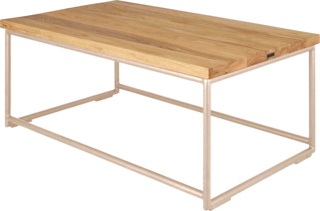 Off white metal table with natural stain ash wood made in UK - back side view round frame