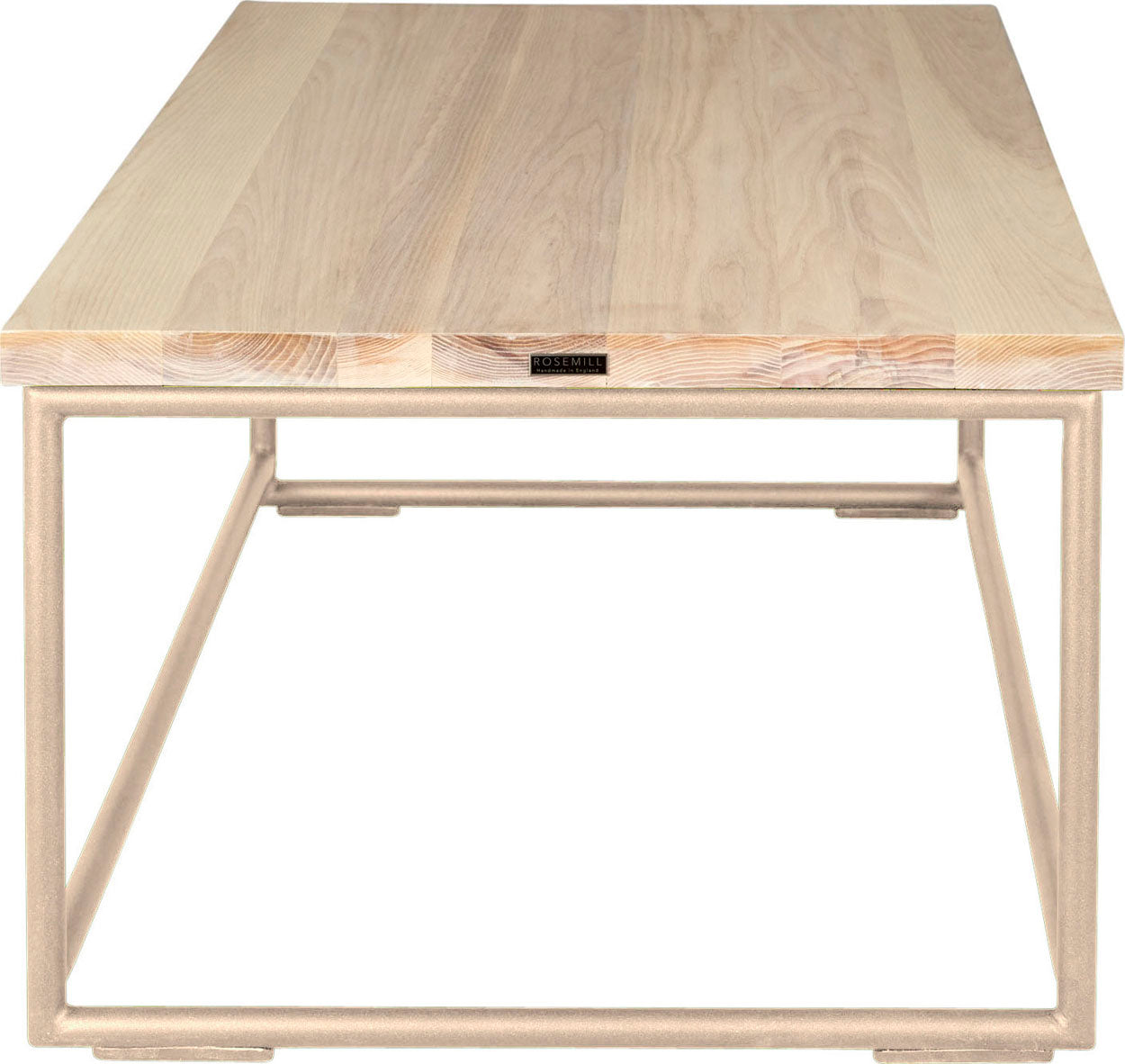 Off white metal table with whitewash stain ash wood made in UK - side view round frame