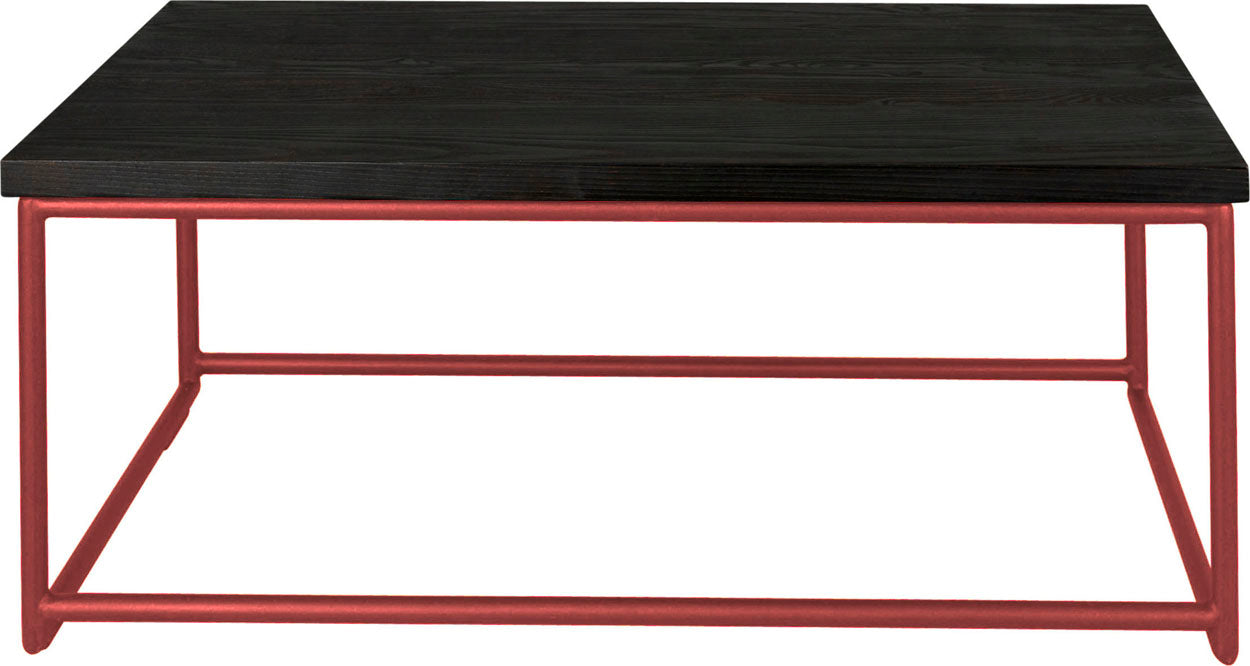 Crimson red metal table with black stain ash wood made in UK - front view round frame