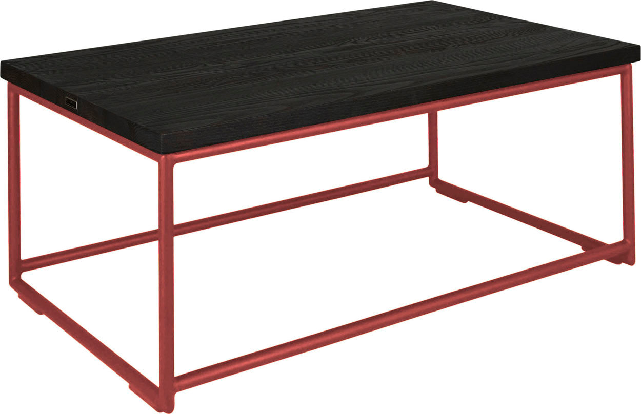 Crimson red metal table with black stain ash wood made in UK - angle view round frame