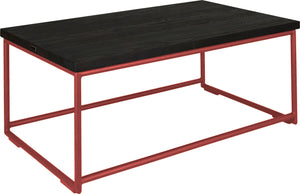 Crimson red metal table with black stain ash wood made in UK - angle view round frame