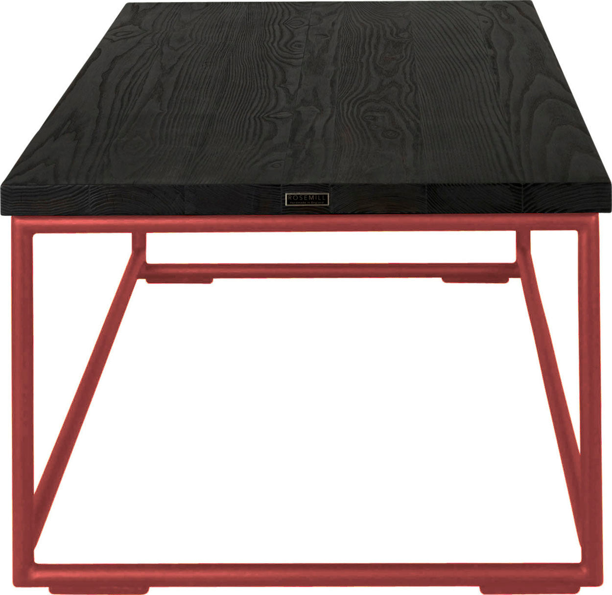 Crimson red metal table with black stain ash wood made in UK - side view round frame